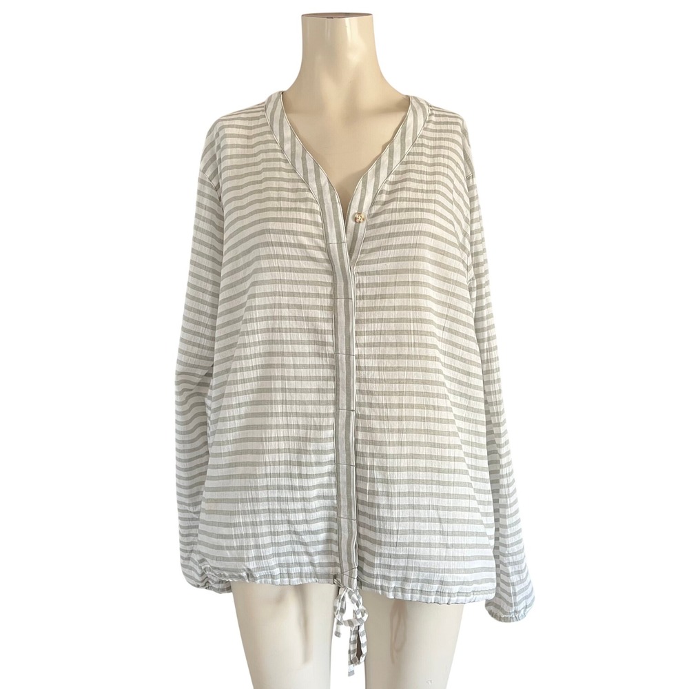 Mountain Hardwear Grey White Striped Gauze Drawstring Hem Top XL Relaxed Fit